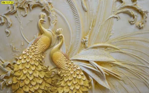 ภาพนกยูงคู่ติดผนังเสริมความรักบารมีสีทองลายนูนประติมากรรมสุดหรูหราเหมาะสำหรับตกแต่งห้องนอนเพื่อความสัมพันธ์ที่ยั่งยืน