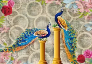 วอลเปเปอร์นกยูงเสริมมงคลลายกราฟิกทันสมัยประดับด้วยดอกกุหลาบสีหวานช่วยเพิ่มเสน่ห์และความอ่อนโยนให้กับห้องนอนได้อย่างลงตัว