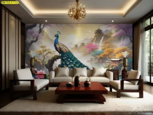 วอลเปเปอร์ภาพวิวธรรมชาติสไตล์ภาพวาดจีนร่วมสมัยลายนกยูงท่ามกลางขุนเขาและน้ำตกตกแต่งห้องนั่งเล่นให้ความรู้สึกสงบและผ่อนคลาย