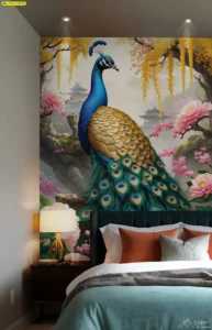 ภาพนกยูงคู่มงคลตกแต่งห้องนอนในบรรยากาศสวนดอกไม้สไตล์ภาพวาดพู่กันจีนช่วยให้การพักผ่อนเต็มไปด้วยความละเมียดละไมและเป็นสิริมงคล