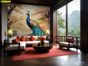 ตกแต่งห้องนั่งเล่นสไตล์จีนโมเดิร์นด้วยวอลเปเปอร์ลายนกยูงวิวต้นซากุระและวัดจีนสร้างบรรยากาศที่โปร่งสบายและดูมีรสนิยมอย่างยิ่ง