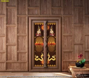 ภาพเทวดานางฟ้าติดประตูห้องพระบนสติ๊กเกอร์ลายไทยติดตั้งบนบานประตูกระจกในกรอบไม้แกะสลักสวยงามลงตัวที่สุด