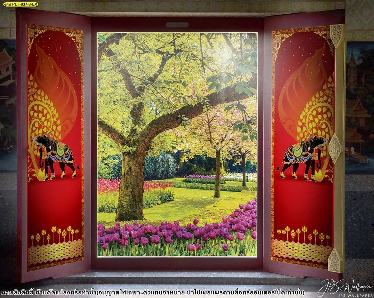 สติ๊กเกอร์สูญญากาศลายไทยติดกระจกรูปช้างมงคลสีทองพื้นแดงช่วยพรางตาและสร้างความเป็นส่วนตัวภายในห้องพระ