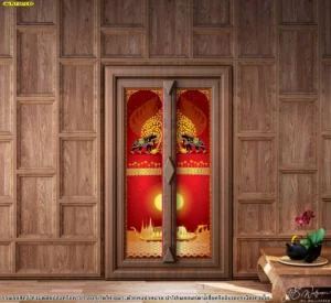 รับพิมพ์สติ๊กเกอร์ลายไทยตกแต่งห้องพระตามขนาดลายช้างศึกไทยพื้นหลังสีแดงประดับม่านน้ำตกจำลองดูสงบร่มเย็น