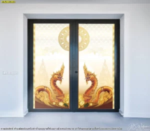 ภาพติดกระจกห้องพระพื้นหลังสีเหลืองเขียว ลายพญานาคคู่สีทองพ่นน้ำ ดีไซน์อ่อนช้อยสวยงาม เสริมอำนาจบารมีและสิริมงคล