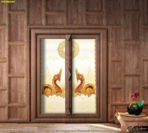 สติ๊กเกอร์ติดกระจกห้องพระ ลายไทยพญานาคสีทองบนพื้นหลังสีขาวเหลือง ตกแต่งผนังลายไม้ให้ดูหรูหราสง่างามและดูน่าเลื่อมใส