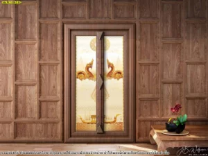 ภาพติดกระจกห้องพระพื้นหลังสีเหลืองเขียว ลายพญานาคคู่และเรือสุพรรณหงส์ งานศิลปะไทยร่วมสมัยสำหรับตกแต่งบ้าน