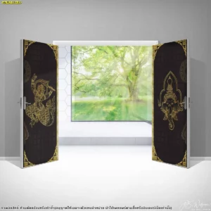 สติ๊กเกอร์ลายไทยติดกระจกภาพพระพิฆเนศและหนุมานสีทองบนพื้นดำสำหรับตกแต่งประตูกระจกห้องพระให้ดูหรูหราทรงพลังเสริมสิริมงคล