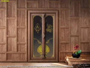 รูปศิลปะไทยมงคลสำหรับตกแต่งภายในลายไทยสีทองบนพื้นดำติดตั้งคู่กับผนังไม้แกะสลักช่วยยกระดับความโอ่อ่าให้พื้นที่ประกอบพิธีกรรมทางศาสนา