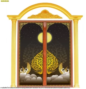 ภาพตกแต่งห้องพระลายไทยพื้นหลังสีดำดีไซน์ลายต้นโพธิ์และเทวดาอัญเชิญฉัตรทองภายใต้แสงจันทร์มอบความร่มเย็นและเป็นมงคลแก่ผู้อยู่อาศัย