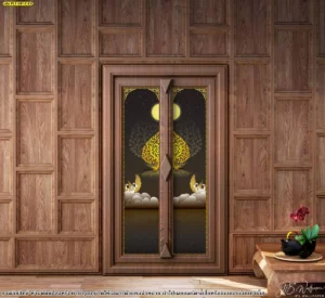 งานพิมพ์สติ๊กเกอร์ลายไทยคุณภาพพรีเมียมลายต้นโพธิ์ทองบนพื้นดำติดตั้งบนบานประตูไม้หรูหราสะท้อนรสนิยมการตกแต่งภายในที่ประณีตและลึกซึ้ง