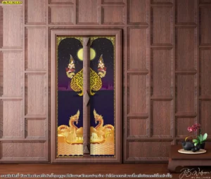 ไอเดียตกแต่งบานประตูด้วยภาพลายไทยติดกระจกสีม่วงน้ำเงินลายเทวดาและเรือสุพรรณหงส์เสริมความเป็นสิริมงคลและโชคลาภตามความเชื่อดั้งเดิม