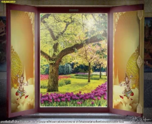 สติ๊กเกอร์ 3M ลายไทย ติดกระจกวัดและห้องพระ ลายเทพพนมสีทองประทับบนก้อนเมฆ ล้อมรอบด้วยวิวสวนดอกไม้ดูร่มรื่นสบายตา