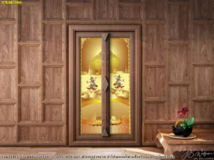 งานศิลปะไทยร่วมสมัย ตกแต่งห้องพระในบ้านจัดสรร ลายเทพพนมและเรือสุพรรณหงส์บนพื้นหลังสีเหลืองทอง ดูมีมิติและประณีต