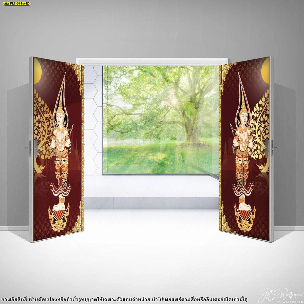 ภาพลายไทยติดประตูกระจกห้องพระพื้นหลังสีแดงลายทวารบาลยืนถือพระขรรค์ปกป้องสิ่งชั่วร้ายหน้าทางเข้าห้องพระ