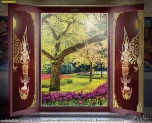 สติ๊กเกอร์ติดกระจกห้องพระลายไทยสีแดงทองรูปเทวดายืนคู่ประดับประตูกระจกใสเห็นวิวสวนด้านนอกดูสว่างไสว