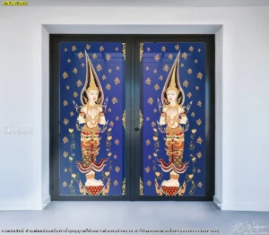 ภาพพิมพ์สติ๊กเกอร์ลายไทยสีม่วงน้ำเงินลายเทวดาประดับดอกไม้ร่วงงานละเอียดประณีตสำหรับติดกระจกหน้าต่างห้องพระให้ดูสวยงามทันสมัย