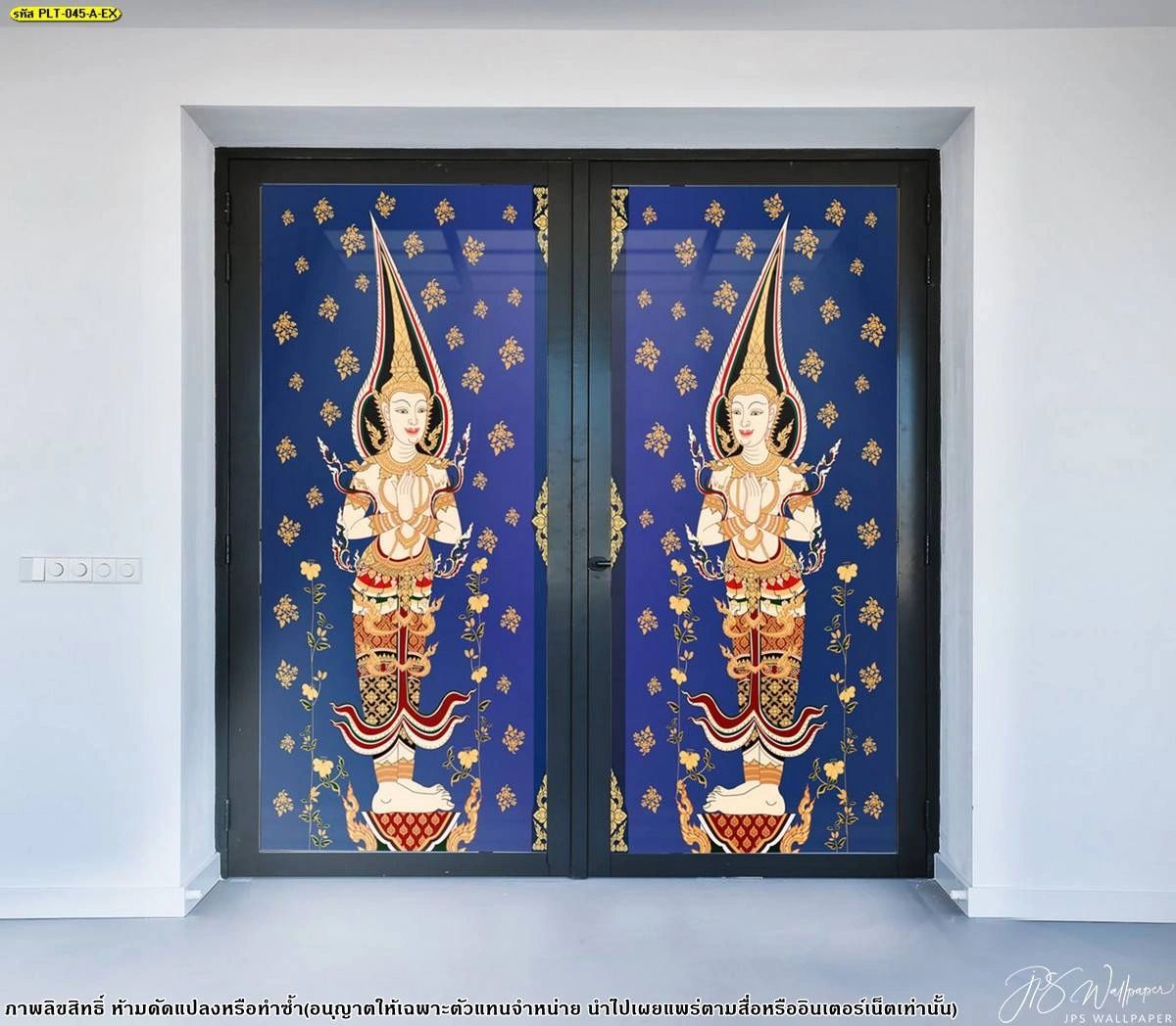 ภาพพิมพ์สติ๊กเกอร์ลายไทยสีม่วงน้ำเงินลายเทวดาประดับดอกไม้ร่วงงานละเอียดประณีตสำหรับติดกระจกหน้าต่างห้องพระให้ดูสวยงามทันสมัย