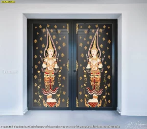ภาพสติ๊กเกอร์ลายเทพพนมพื้นดำงานพรีเมียมสำหรับติดประตูกระจกบานใหญ่ในห้องพระช่วยเพิ่มความสง่างามและความเป็นสิริมงคลให้แก่สถานที่ศักดิ์สิทธิ์