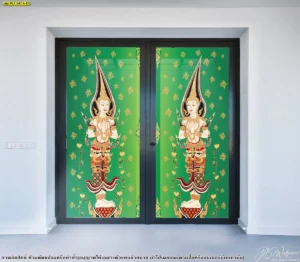 ภาพลายไทยพื้นหลังสีเขียวเหนี่ยวทรัพย์ เสริมมงคล ลายเทพพนมยืนพนมมือบนพื้นสีเขียวไล่เฉด ตกแต่งประตูห้องพระให้สวยสะดุดตา
