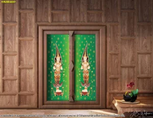 ภาพพิมพ์แคนวาสลายไทย ตกแต่งผนังห้องพระ ลายเทพพนมยืนพนมมือบนพื้นสีเขียวสดใส ตัดกับผนังลายไม้สีเข้มได้อย่างลงตัวที่สุด