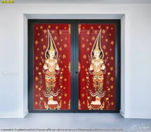 ภาพลายไทยติดประตูกระจกห้องพระพื้นหลังสีแดงลายกนกเครือเถาและเทวดาสีทองบนประตูกระจกอลูมิเนียมสีดำทันสมัย