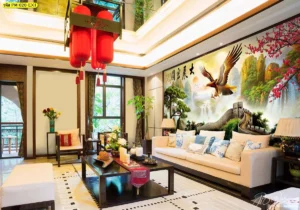 ภาพนกอินทรีฮวงจุ้ยบินเหนือกำแพงเมืองจีนท่ามกลางขุนเขาและน้ำตกมงคลช่วยเสริมบารมีและอำนาจในห้องรับแขกสไตล์จีนร่วมสมัยที่ดูภูมิฐาน