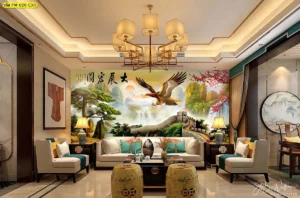 ภาพวิวติดผนังกำแพงเมืองจีนเสริมบารมีและอำนาจบารมีลายละเอียดสูงติดในห้องรับแขกที่ตกแต่งด้วยเฟอร์นิเจอร์ไม้สไตล์จีนหรูหราสร้างความประทับใจ