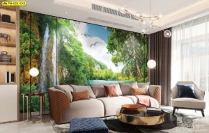 วอลเปเปอร์ภาพวิวน้ำตก ลายป่าไม้สีเขียวเสริมฮวงจุ้ยห้องรับแขกช่วยให้บ้านดูร่มรื่นและมีมิติความลึกอย่างสวยงาม