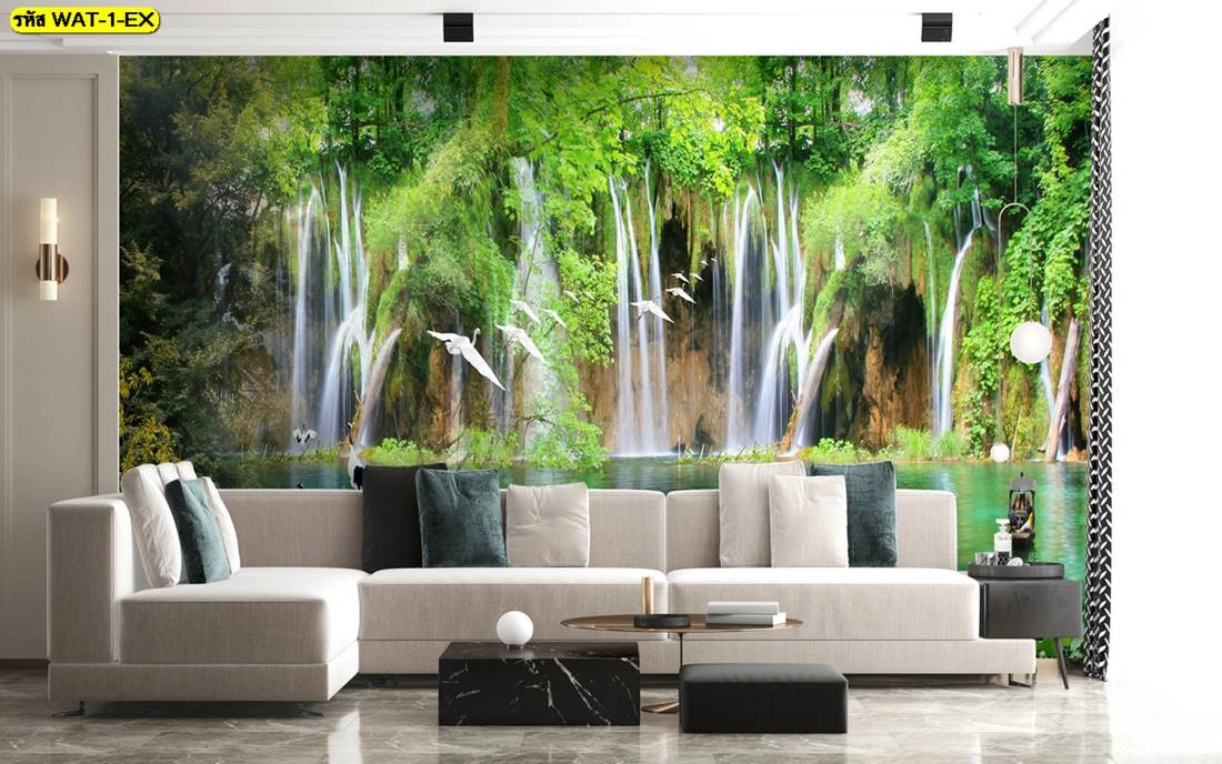 วอลเปเปอร์ภาพน้ำตกเสริมฮวงจุ้ยห้องรับแขก ลายม่านน้ำตกสีขาวท่ามกลางป่าไม้เขียวขจีช่วยดึงดูดพลังงานบวกและทรัพย์สิน