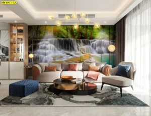 วอลเปเปอร์ภาพวิวน้ำตก ขนาดใหญ่สั่งตัดตามขนาดผนัง เหมาะสำหรับตกแต่งห้องนั่งเล่นสไตล์โมเดิร์นให้ดูหรูหราและผ่อนคลาย