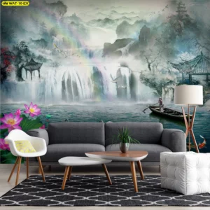 วอลเปเปอร์ฮวงจุ้ยน้ำตกภาพวาดพู่กันจีนผสมสายรุ้งมงคลช่วยเสริมความมั่งคั่งและโชคลาภให้แก่เจ้าของบ้านอย่างยั่งยืน