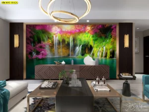 วอลเปเปอร์ภาพน้ำตกแต่งบ้านสไตล์มินิมอลญี่ปุ่นสีชมพูสดใสช่วยสร้างบรรยากาศที่อบอุ่นและผ่อนคลายภายในห้องรับแขกที่ดูทันสมัย