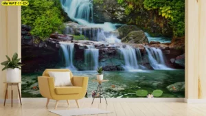 ภาพน้ำตกชั้นติดผนังห้องนั่งเล่นโทนสีเขียวธรรมชาติช่วยเสริมพลังบวกและโชคลาภตามหลักวอลเปเปอร์ภาพน้ำตกเรียกทรัพย์