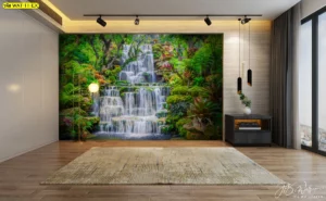 วอลเปเปอร์ภาพวิวน้ำตกขนาดใหญ่ติดผนังห้องนอนสไตล์โมเดิร์นช่วยเพิ่มบรรยากาศที่ดูร่มเย็นเป็นสุขและเสริมฮวงจุ้ยด้านความมั่งคั่งให้แก่ผู้อยู่อาศัย