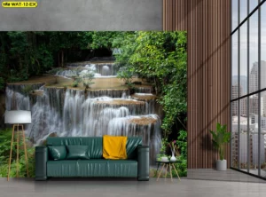 วอลเปเปอร์ภาพน้ำตกเรียกทรัพย์ลายน้ำตกขนาดใหญ่ตกแต่งผนังห้องรับแขกให้ดูโอ่โถงเสริมบารมีและเงินทองไหลมาเทมา