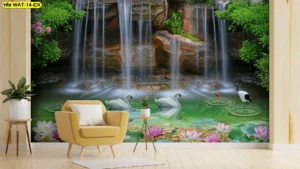 วอลเปเปอร์ฮวงจุ้ยน้ำตกประดับภาพหงส์คู่มงคลในสระบัวช่วยเสริมดวงความรักที่ราบรื่นและกระตุ้นโชคลาภด้านการเงินให้ไหลเวียนคล่องตัวภายในบ้านของคุณ