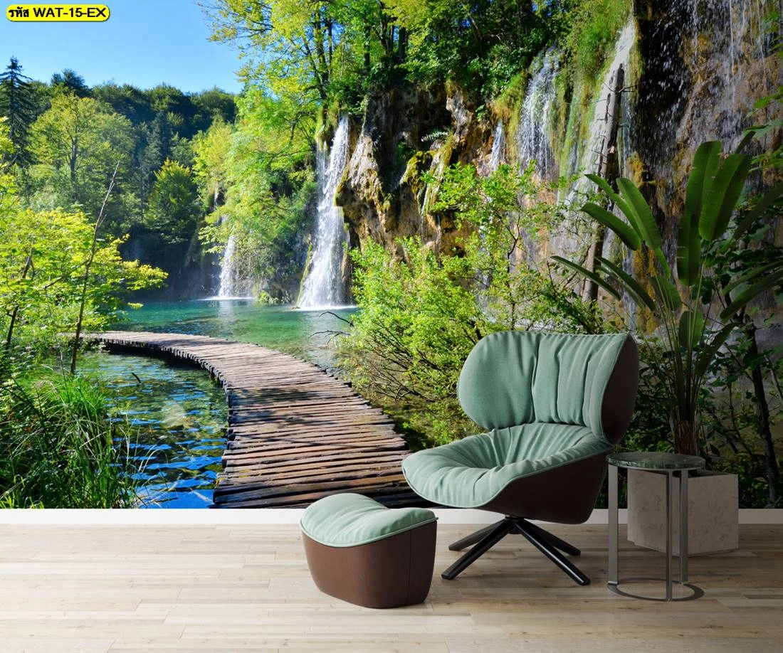 สั่งพิมพ์สติ๊กเกอร์ 3M ลายน้ำตกติดกระจกออฟฟิศ หรือผนังห้องนั่งเล่น ลายทางเดินไม้สะพานน้ำตกสุดร่มรื่นและดูสบายตา