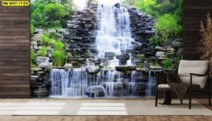 วอลเปเปอร์ภาพวิวน้ำตกขนาดใหญ่ติดผนังหินกาบดีไซน์ธรรมชาติสมจริงช่วยสร้างบรรยากาศผ่อนคลายและร่มเย็นภายในห้องรับแขก