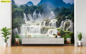 วอลเปเปอร์ภาพน้ำตกเสริมฮวงจุ้ยเรียกทรัพย์แบบภาพวิวพาโนรามาตกแต่งผนังหลังทีวีเพิ่มความสง่างามให้กับบ้านของคุณ