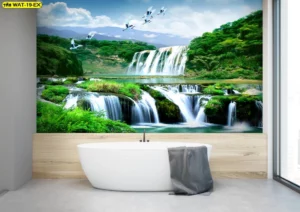 สติ๊กเกอร์ติดกระจกห้องน้ำลายวิวน้ำตกธรรมชาติ วัสดุกันน้ำเกรดพรีเมียม สวยทนทาน เปลี่ยนห้องน้ำเดิมให้เป็นสปาสุดหรู