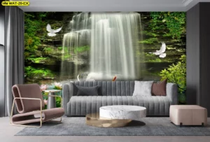 วอลเปเปอร์ฮวงจุ้ยน้ำตกเรียกทรัพย์ตกแต่งห้องนั่งเล่นพร้อมภาพนกกระเรียนขาวเสริมดวงสุขภาพและความอายุยืนยาวแก่คนในบ้าน