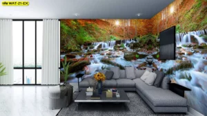 วอลเปเปอร์ลายน้ำตกแบบพาโนรามาไหลผ่านโขดหิน ตกแต่งมุมพักผ่อนขนาดใหญ่ให้ดูอลังการและเชื่อมต่อกับธรรมชาติได้อย่างลงตัว