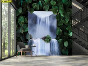 วอลเปเปอร์น้ำตกงานศิลปะสไตล์จีนโมเดิร์นลายใบไม้สีเขียวเข้มเน้นความเรียบหรูดูแพงเหมาะสำหรับการตกแต่งคอนโดสมัยใหม่