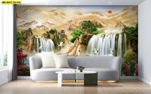 วอลเปเปอร์ฮวงจุ้ยน้ำตกเรียกทรัพย์โทนสีทองอร่ามท่ามกลางขุนเขาช่วยดึงดูดพลังงานบวกและเงินทองให้ไหลเข้าบ้านไม่ขาดสาย