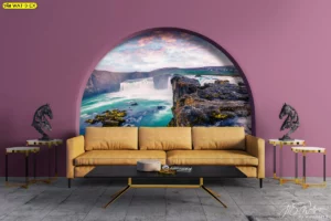 ดีไซน์วอลเปเปอร์ลายน้ำตกในกรอบโค้ง ตกแต่งห้องนั่งเล่นสีม่วงสร้างจุดนำสายตาที่โดดเด่นและดูหรูหรามีระดับไม่ซ้ำใคร