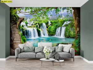 วอลเปเปอร์มงคลภาพน้ำตกดีไซน์ธรรมชาติเขียวขจีพร้อมบันไดไม้ช่วยเสริมฮวงจุ้ยความก้าวหน้าในหน้าที่การงานสำหรับห้องนั่งเล่น