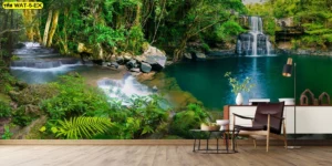 วอลเปเปอร์ภาพน้ำตกเรียกทรัพย์ดีไซน์ภาพน้ำตกชั้นติดผนังห้องนั่งเล่นเสริมความมั่งคั่งตกแต่งบ้านสีเขียวขจีดูสดชื่น