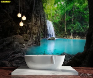 วอลเปเปอร์ภาพน้ำตกสีฟ้าเทอร์ควอยซ์ตกแต่งห้องน้ำให้ดูหรูหรามีระดับเหมือนสปาชั้นนำด้วยภาพวิวพาโนรามาตกแต่งผนัง