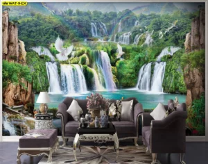 ภาพวิวน้ำตกตกแต่งบ้านขนาดใหญ่แสดงพลังแห่งโชคลาภด้วยสายน้ำไหลแรงและนกมงคลช่วยดึงดูดพลังงานบวกและเงินทองเข้าสู่ตัวบ้าน